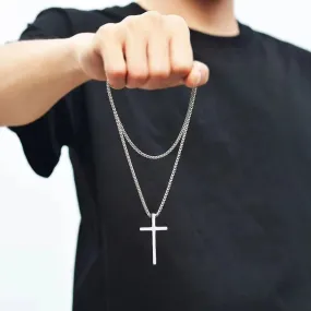Basic Cross Necklace for Men, Silver Color Stainless Steel Box Chain Collar