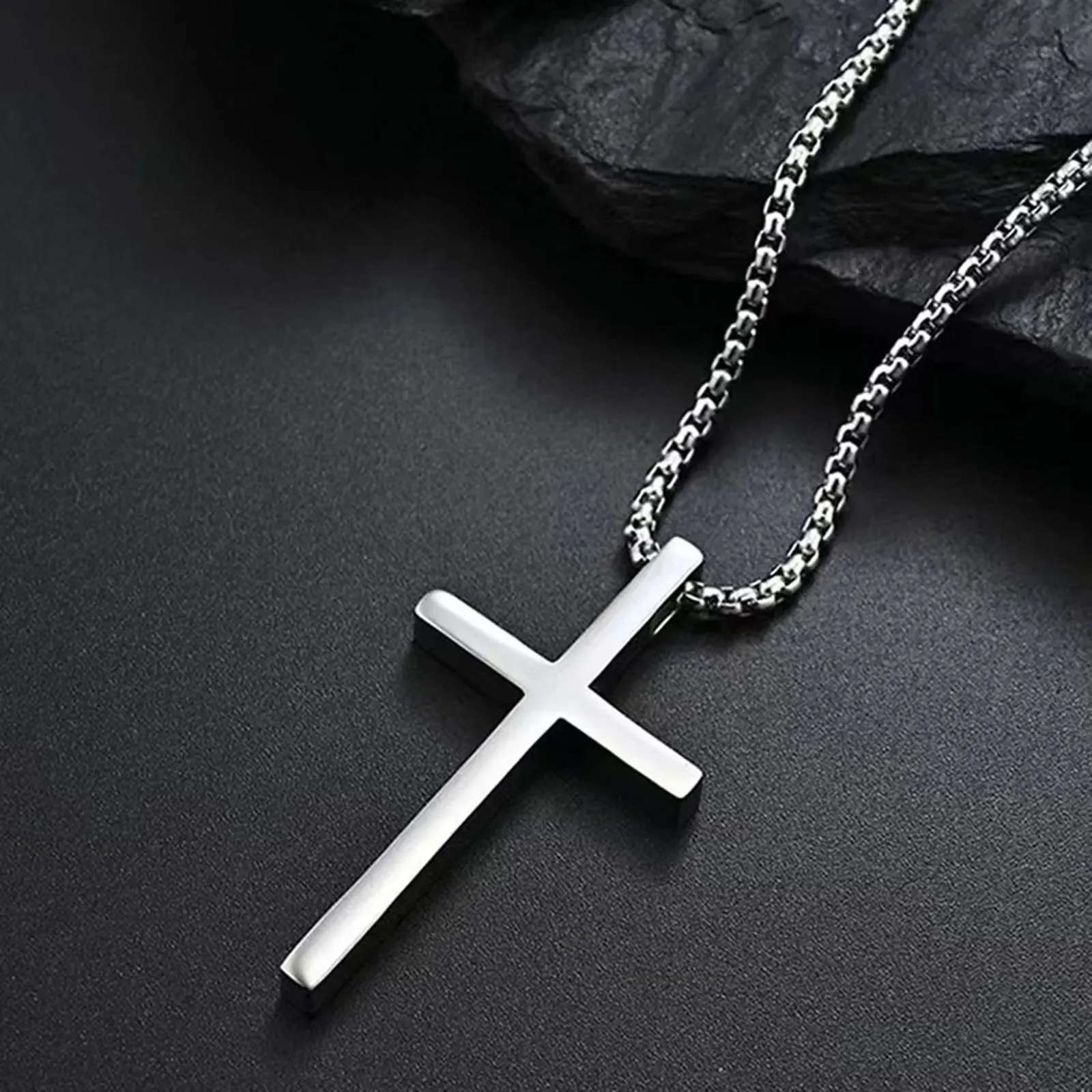 Basic Cross Necklace for Men, Silver Color Stainless Steel Box Chain Collar