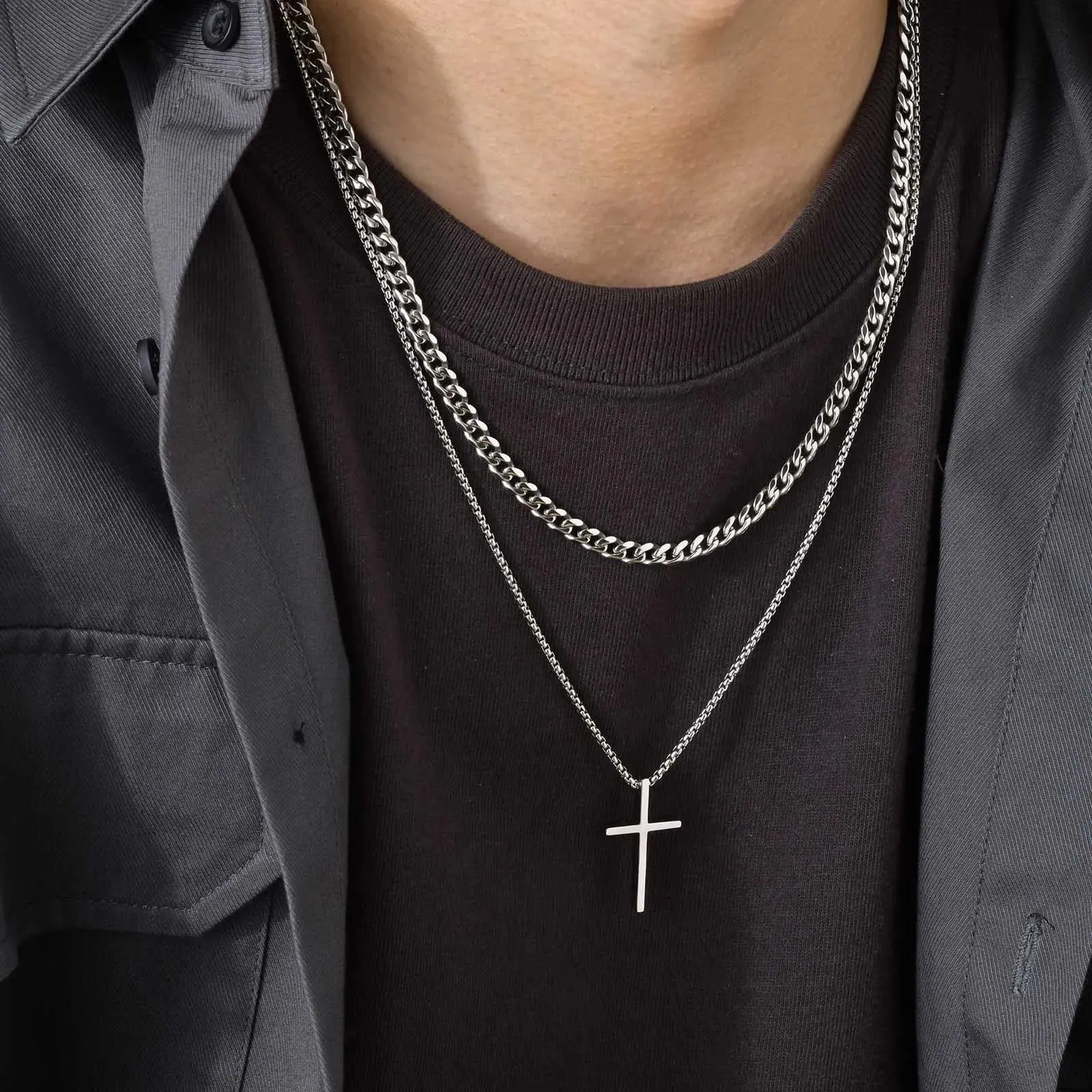 Basic Cross Necklace for Men, Silver Color Stainless Steel Box Chain Collar