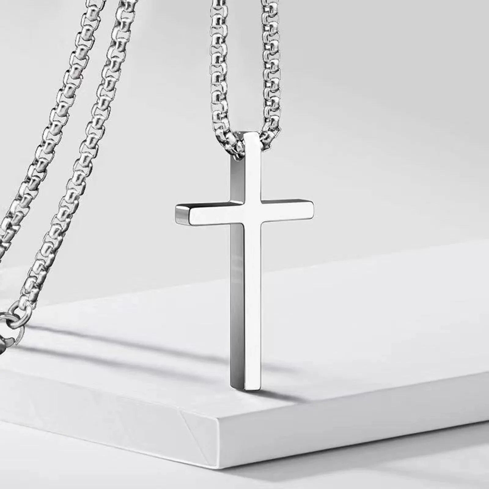 Basic Cross Necklace for Men, Silver Color Stainless Steel Box Chain Collar