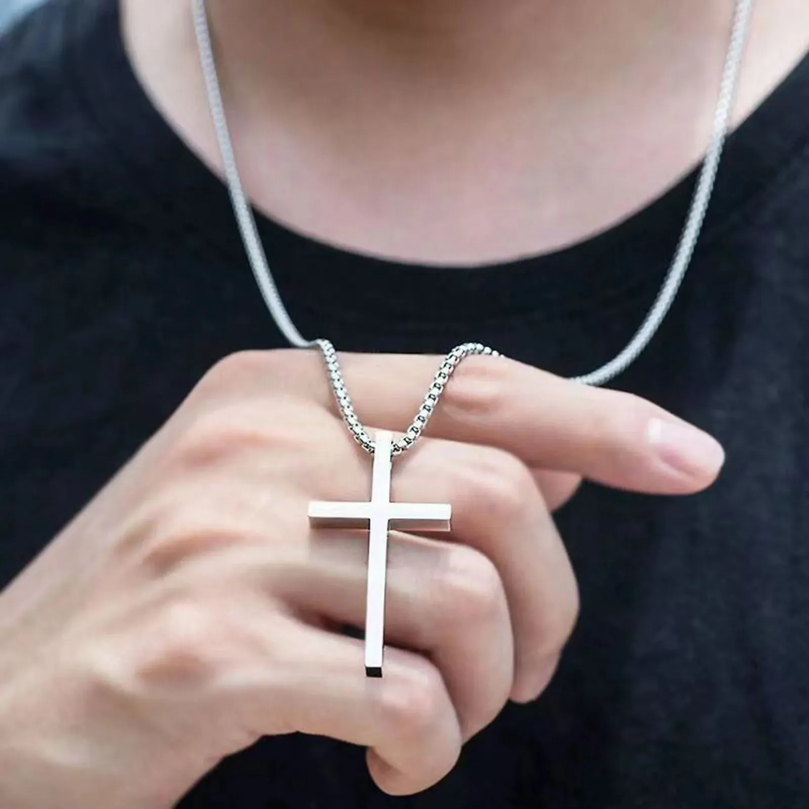 Basic Cross Necklace for Men, Silver Color Stainless Steel Box Chain Collar