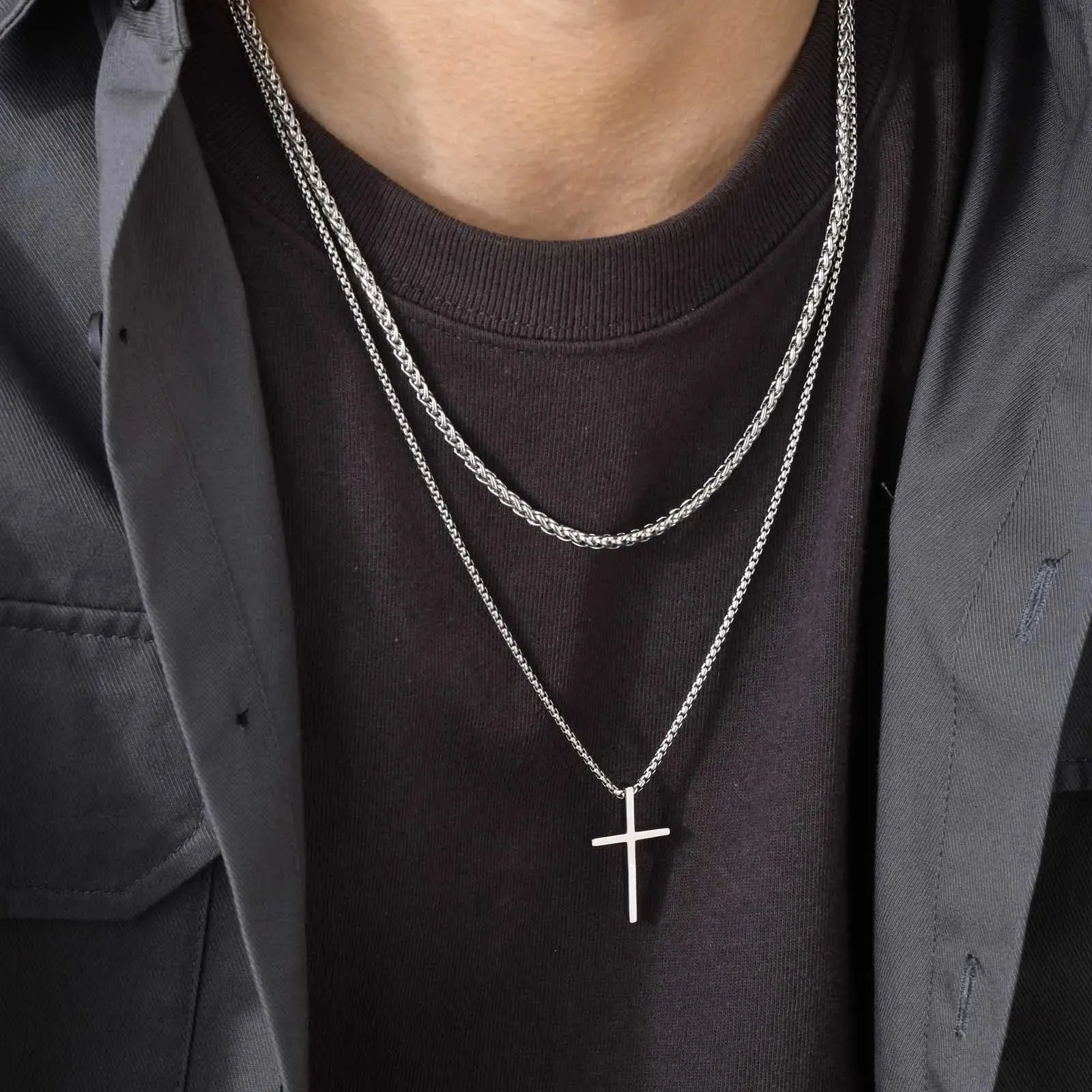 Basic Cross Necklace for Men, Silver Color Stainless Steel Box Chain Collar