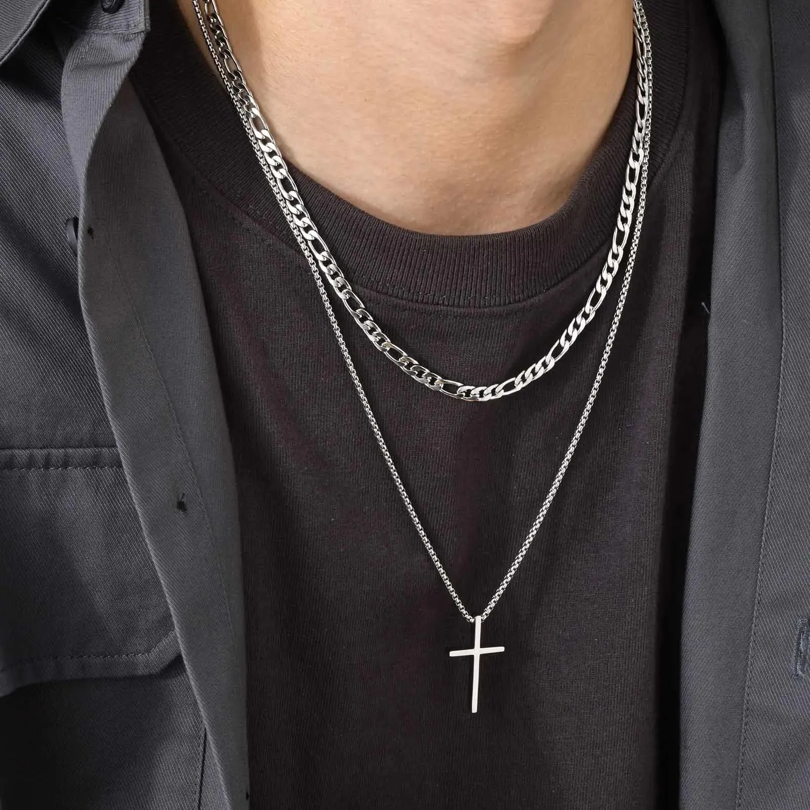 Basic Cross Necklace for Men, Silver Color Stainless Steel Box Chain Collar