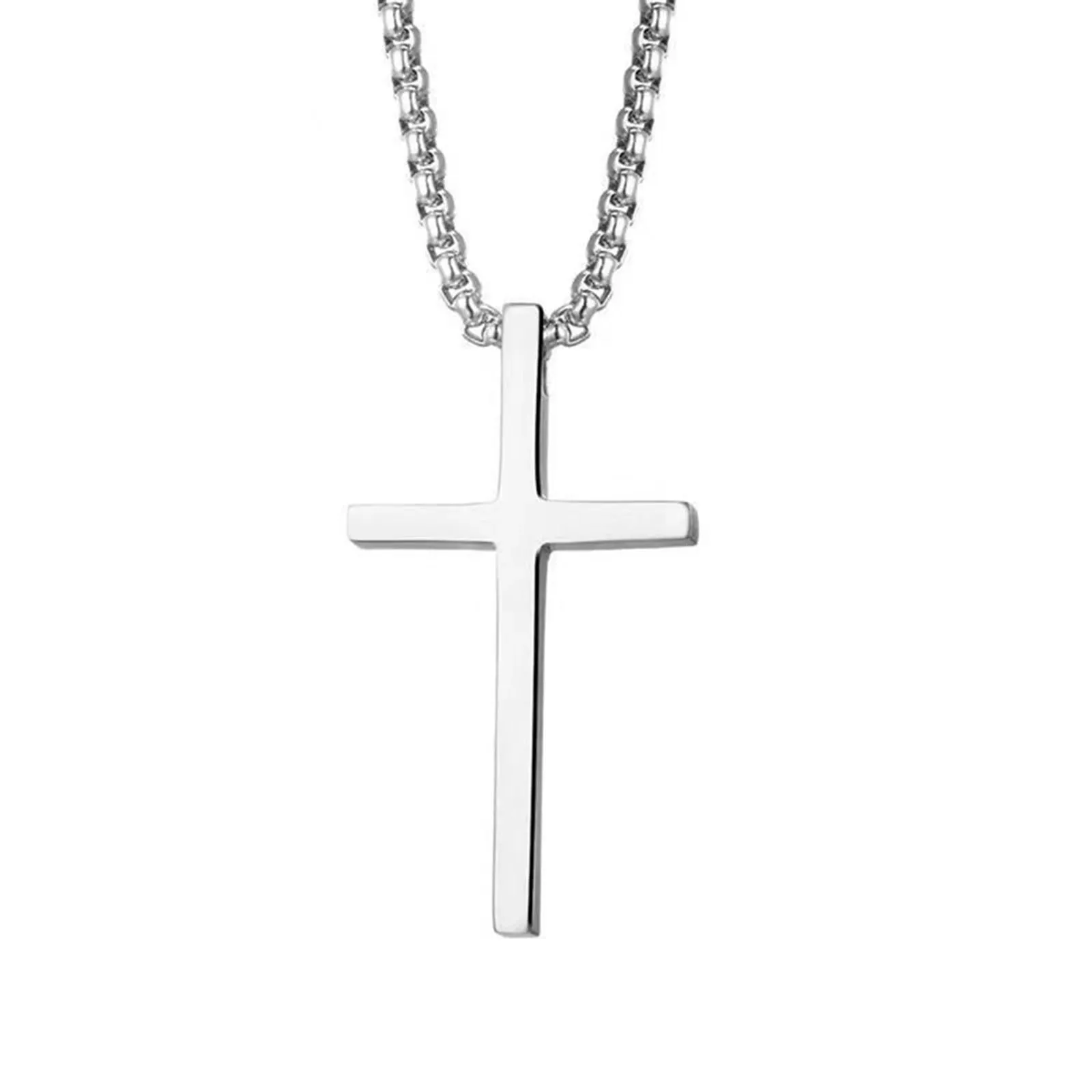 Basic Cross Necklace for Men, Silver Color Stainless Steel Box Chain Collar