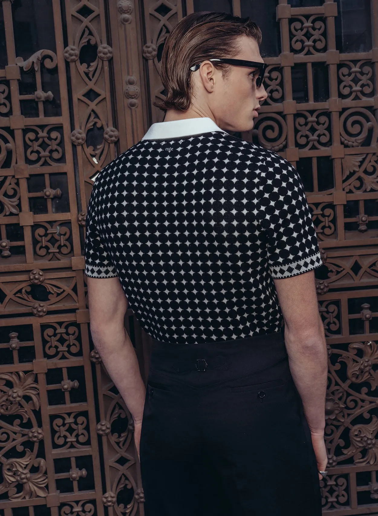 Black Jacquard Circular Knitted Zip Polo