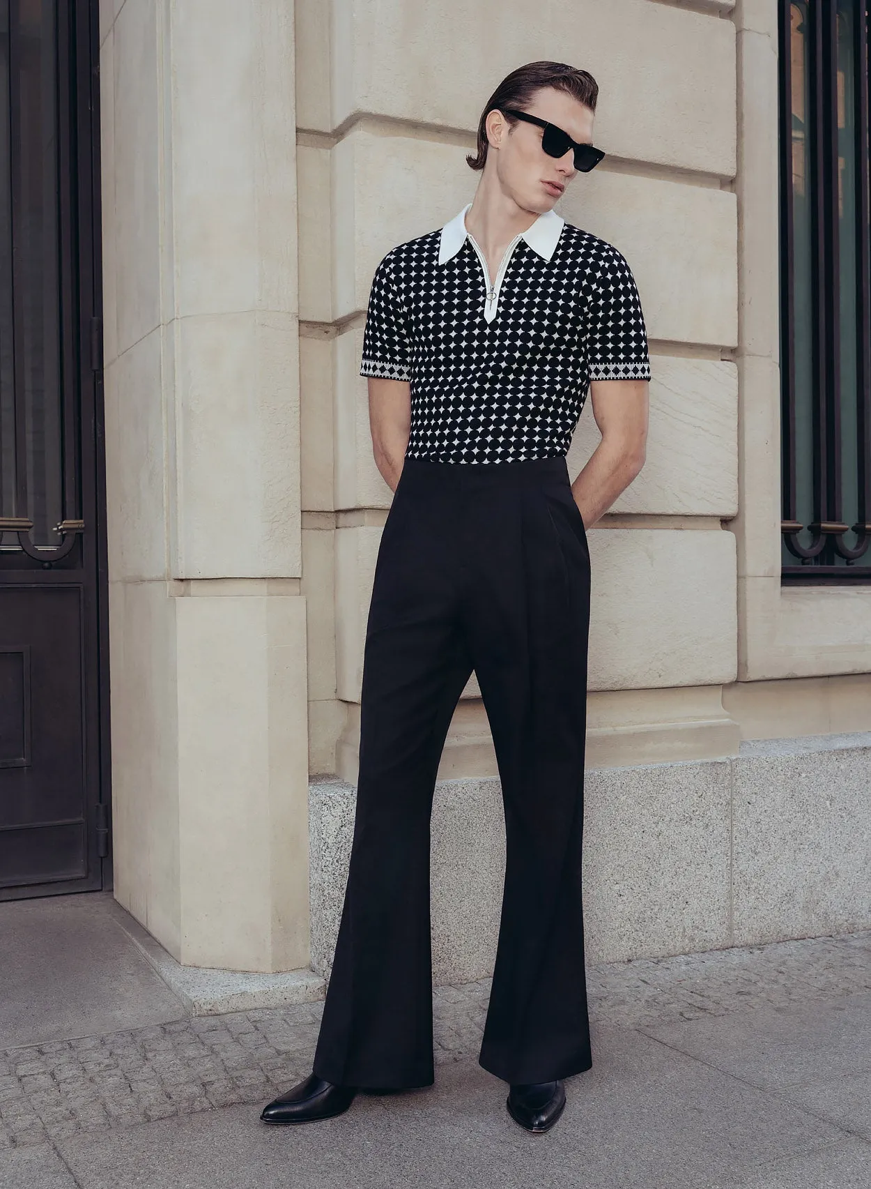 Black Jacquard Circular Knitted Zip Polo