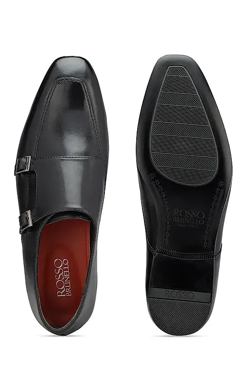 Black Plain Leather Monk Straps