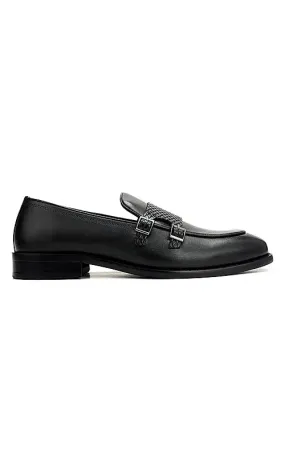 Black Textured Leather Double Monk Straps