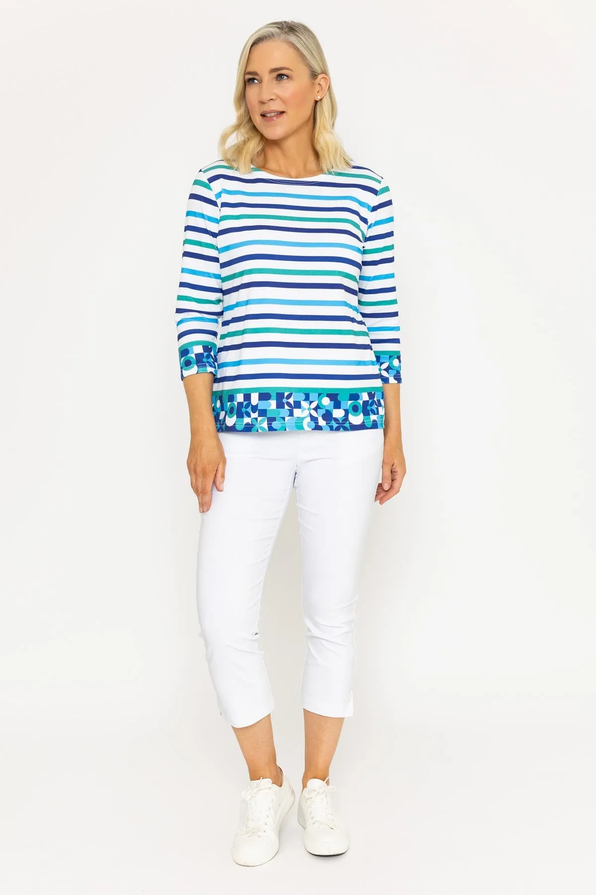 Blue & Green Striped Print Breton Top