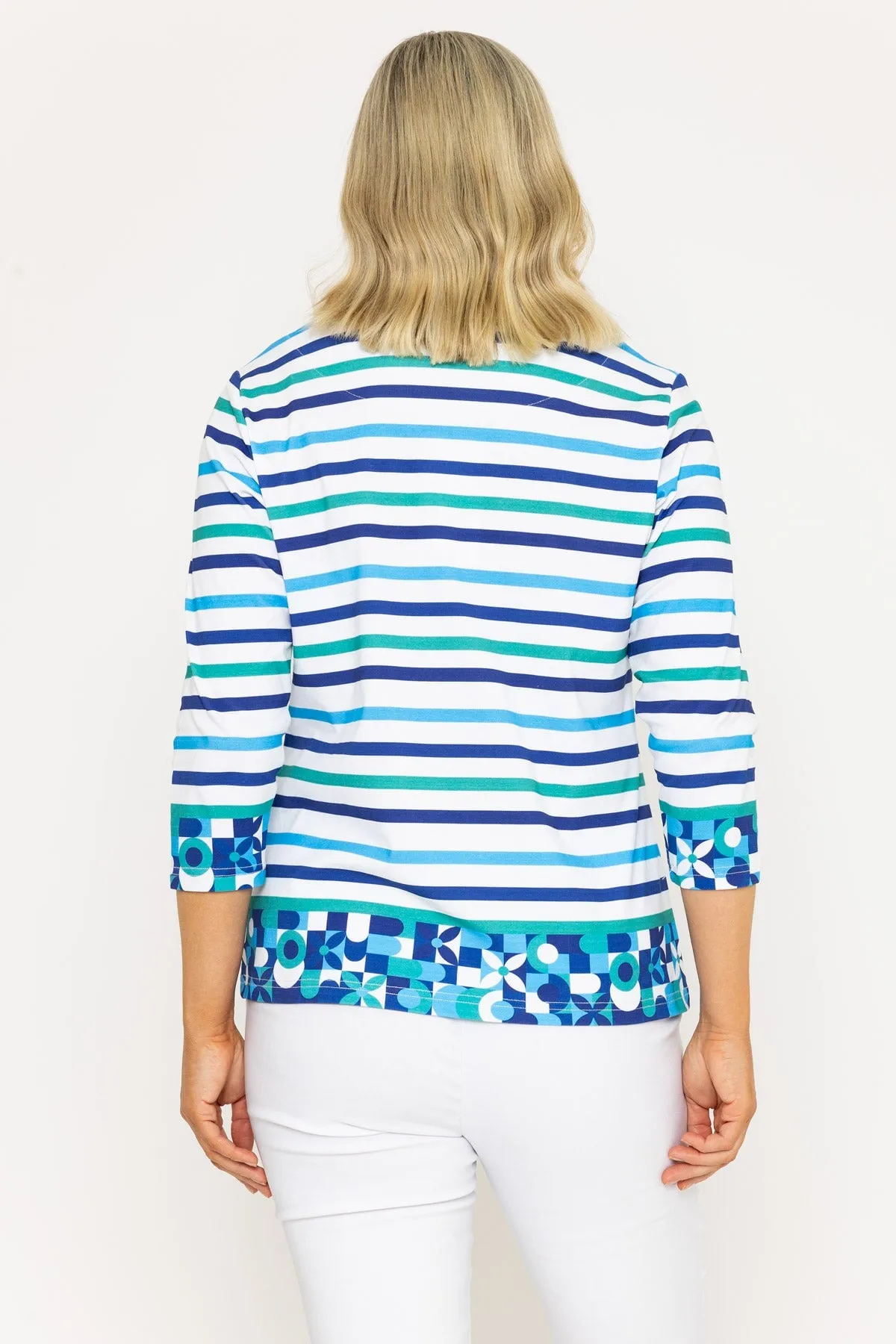 Blue & Green Striped Print Breton Top
