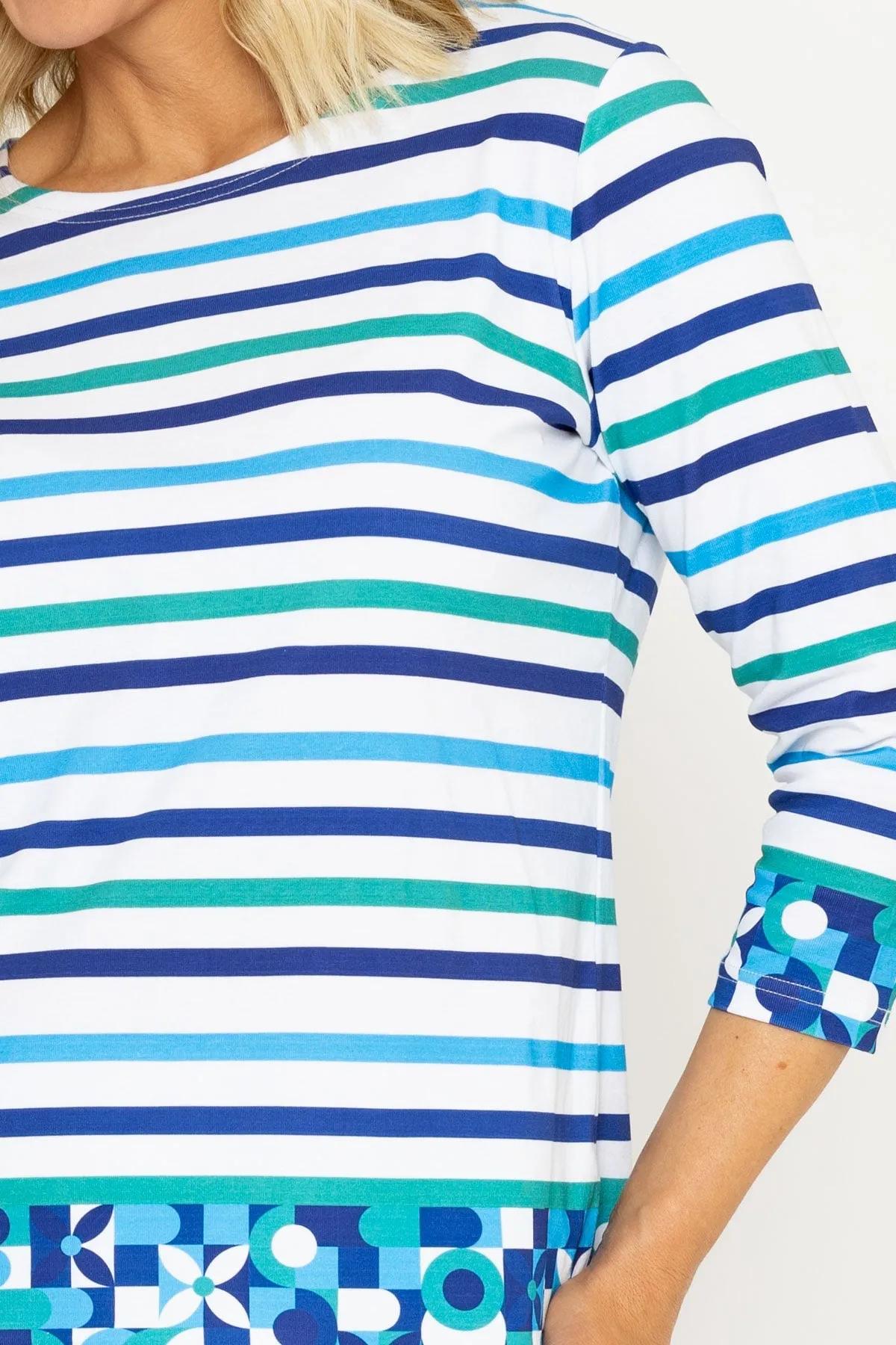Blue & Green Striped Print Breton Top