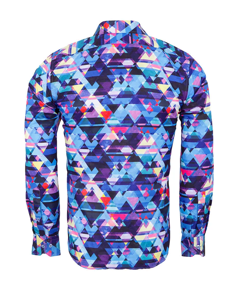 Blue Retro Geometric Triangle Print Shirt