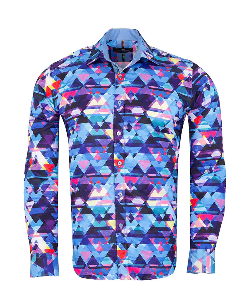 Blue Retro Geometric Triangle Print Shirt