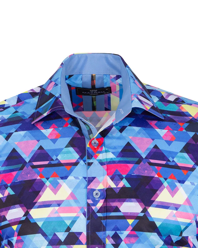 Blue Retro Geometric Triangle Print Shirt