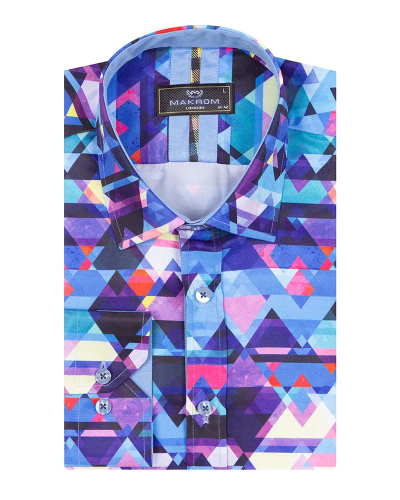 Blue Retro Geometric Triangle Print Shirt