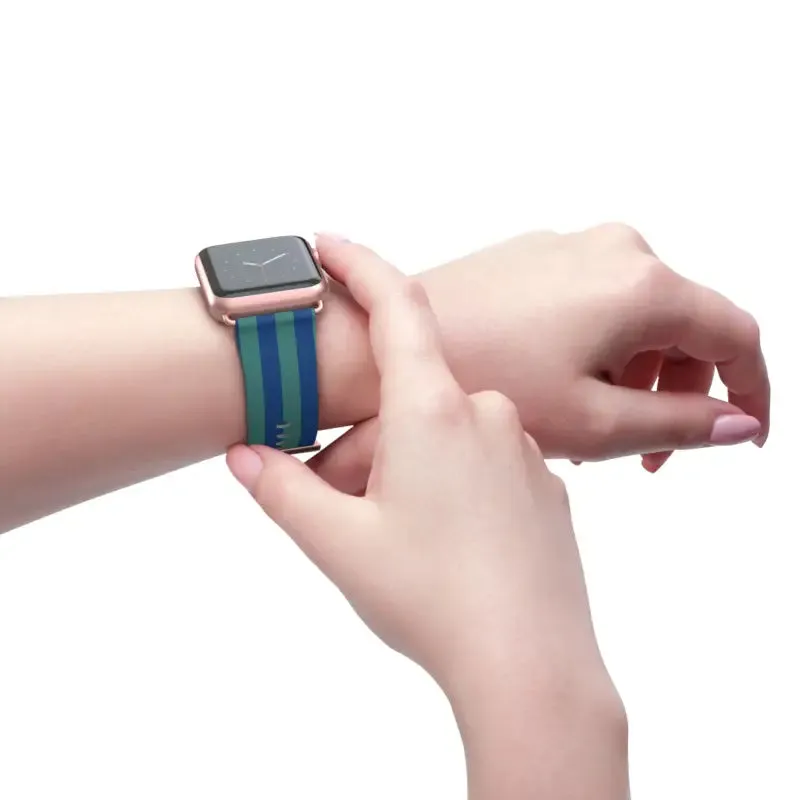 Blue Watch Band with Faux Leather and Colorful Stripes