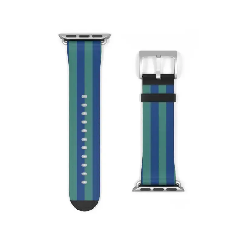 Blue Watch Band with Faux Leather and Colorful Stripes