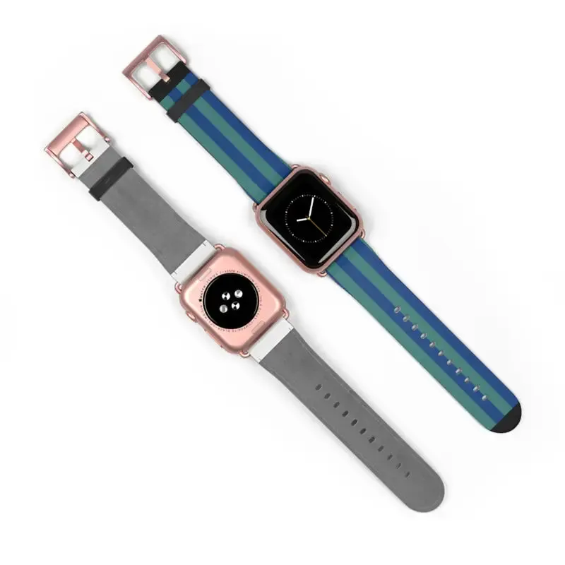 Blue Watch Band with Faux Leather and Colorful Stripes