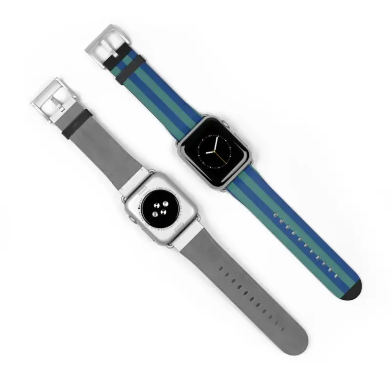 Blue Watch Band with Faux Leather and Colorful Stripes
