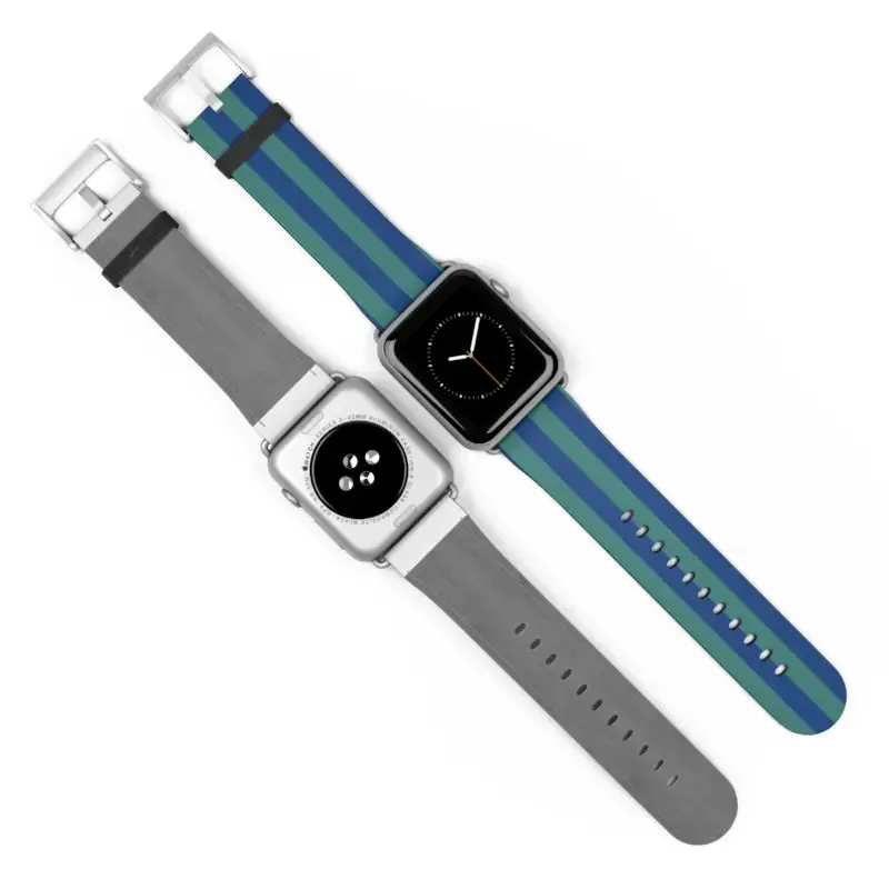 Blue Watch Band with Faux Leather and Colorful Stripes