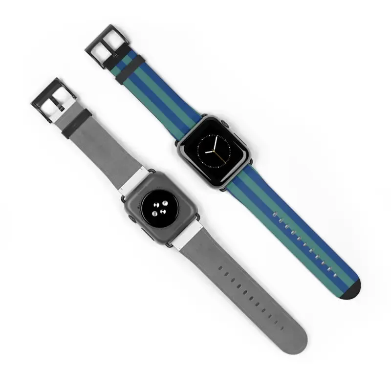 Blue Watch Band with Faux Leather and Colorful Stripes