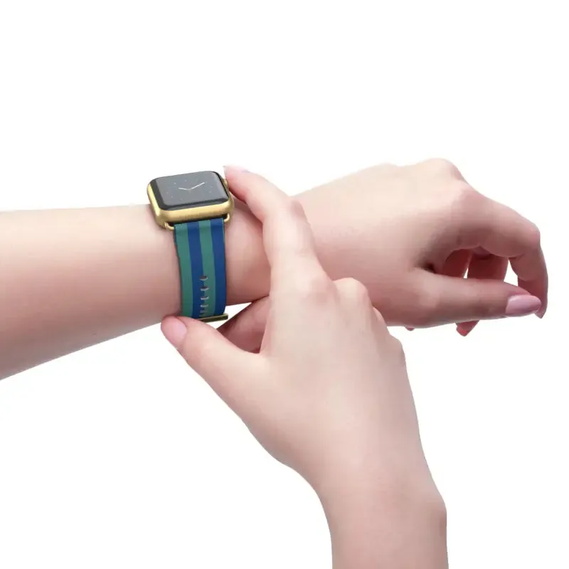 Blue Watch Band with Faux Leather and Colorful Stripes