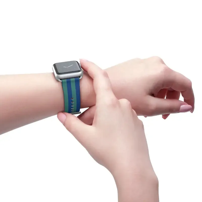 Blue Watch Band with Faux Leather and Colorful Stripes