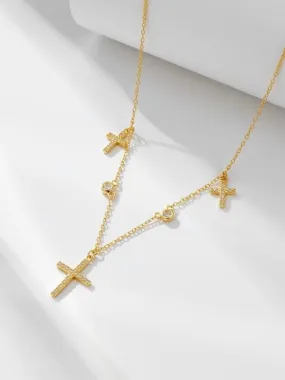 Charm Cross Necklace, .925 Sterling Silver, 18K Gold Plated Cubic Zirconia Luxury Dainty Necklace