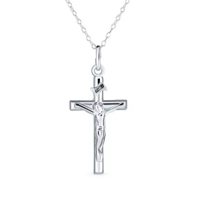 Christian Catholic Crucifix Cross Pendant Necklace Sterling Silver 1.25 Inch