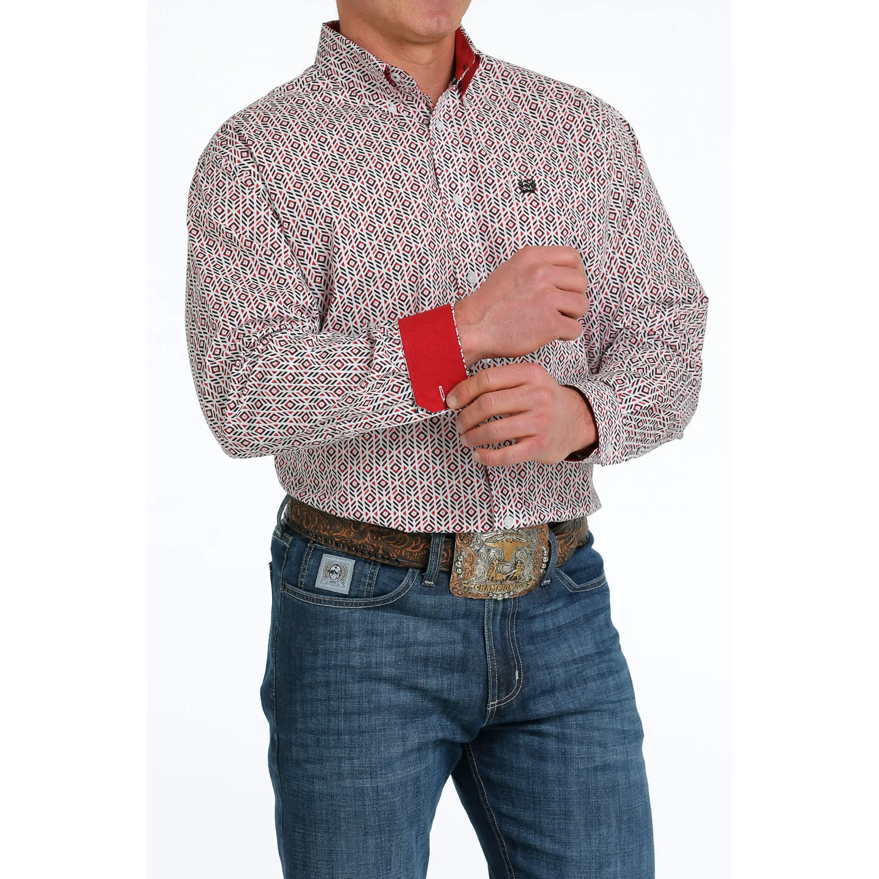 Cinch® Men's White & Red Geometric Print Western Shirt MTW1105525