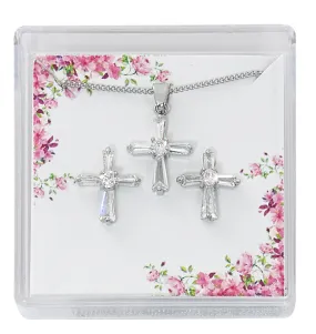 CRYSTAL BAGUETTE CROSS EARRINGS AND PENDANT SET