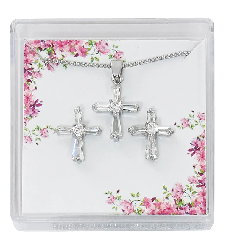 CRYSTAL BAGUETTE CROSS EARRINGS AND PENDANT SET