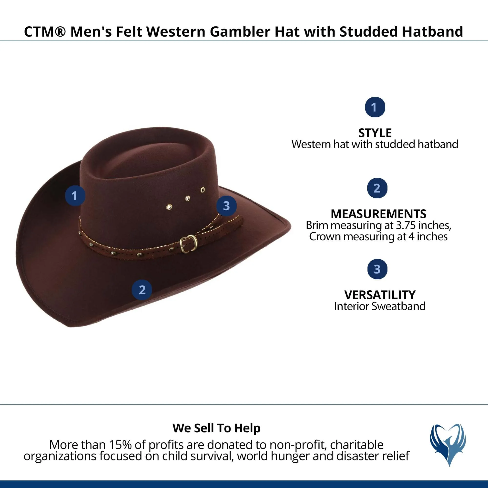 CTM® Men's Felt Western Gambler Hat with Studded Hatband