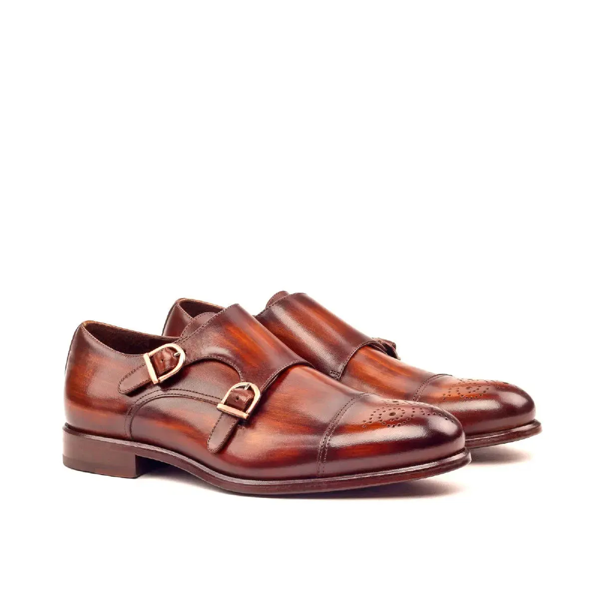 DapperFam Monaco in Brown Men's Hand-Painted Patina Double Monk