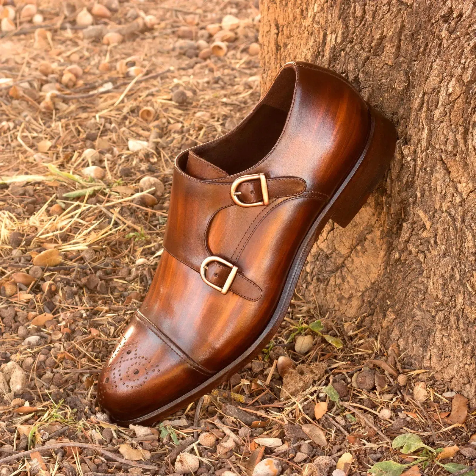 DapperFam Monaco in Brown Men's Hand-Painted Patina Double Monk