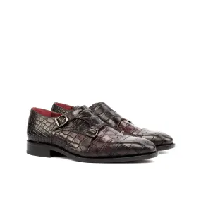 DapperFam Monaco in Dark Brown / Burgundy Men's Italian Croco Embossed Leather Double Monk