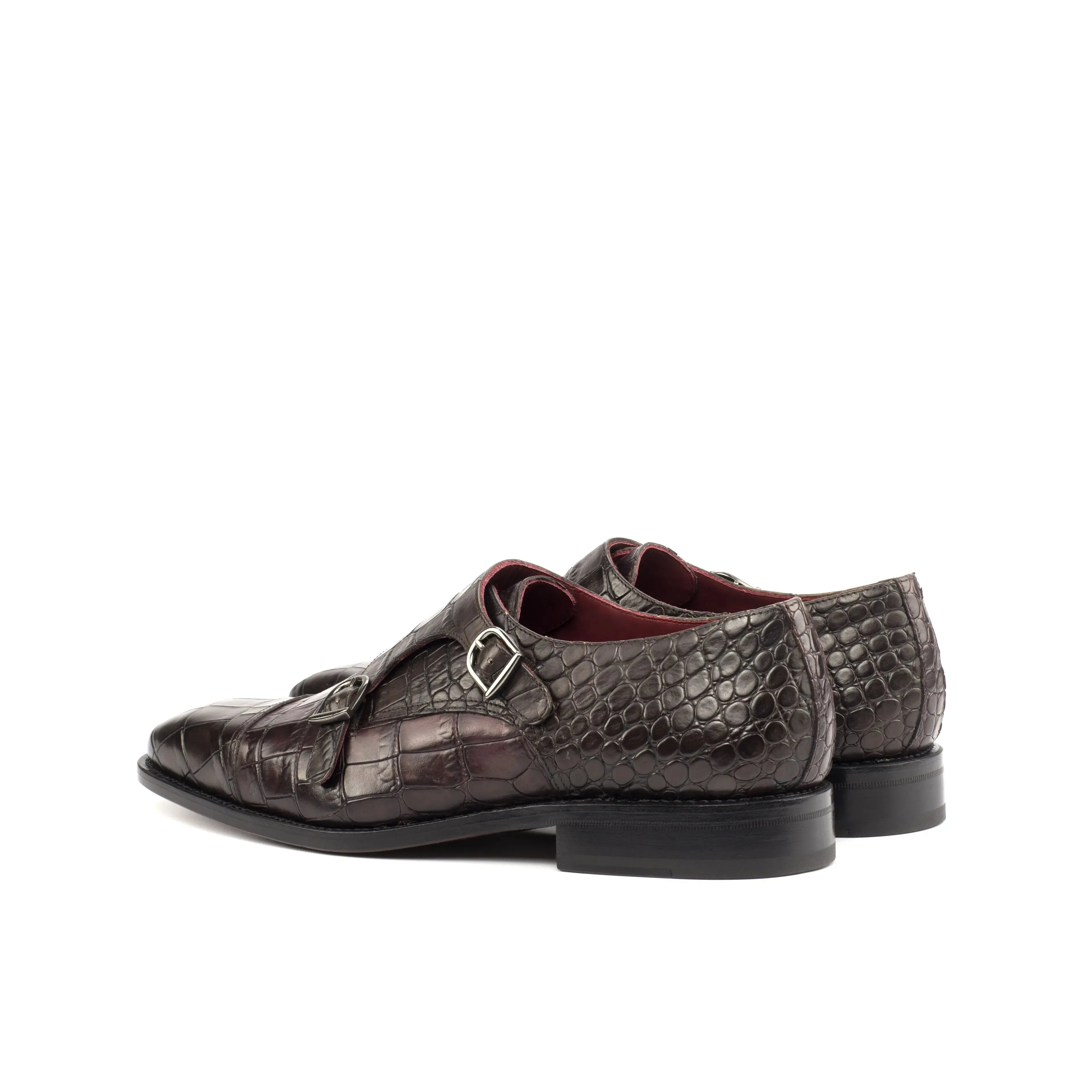 DapperFam Monaco in Dark Brown / Burgundy Men's Italian Croco Embossed Leather Double Monk
