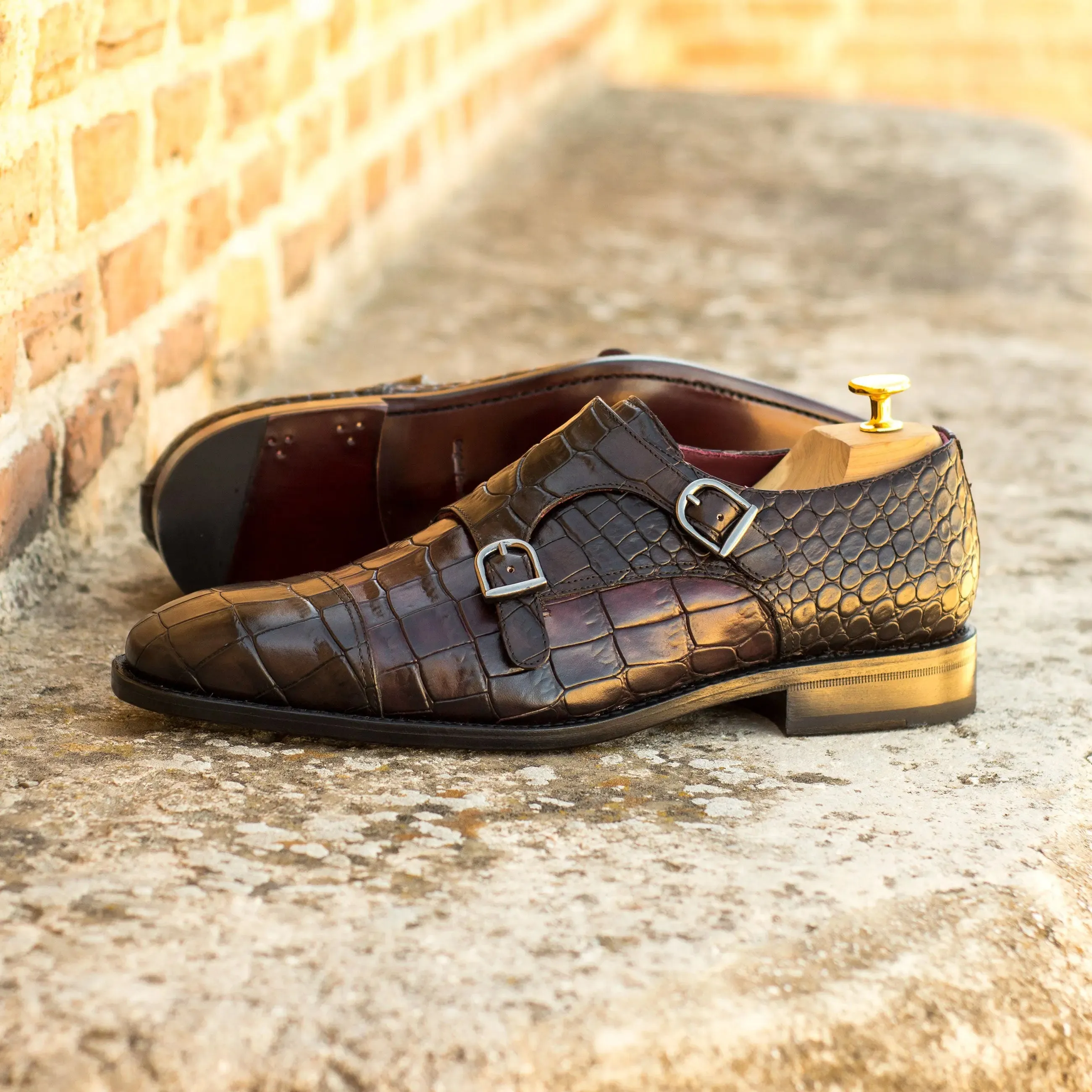 DapperFam Monaco in Dark Brown / Burgundy Men's Italian Croco Embossed Leather Double Monk