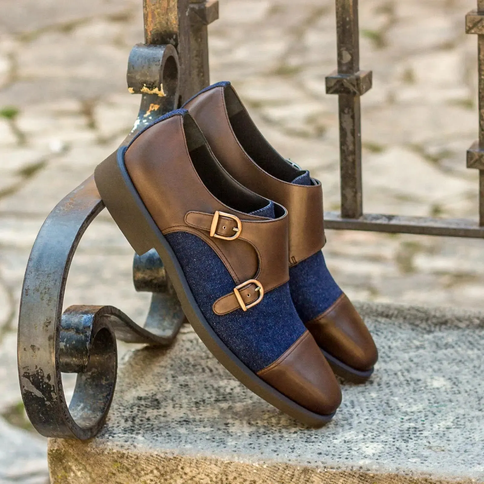DapperFam Monaco in Dark Brown / Jeans Men's Sartorial & Italian Leather Double Monk