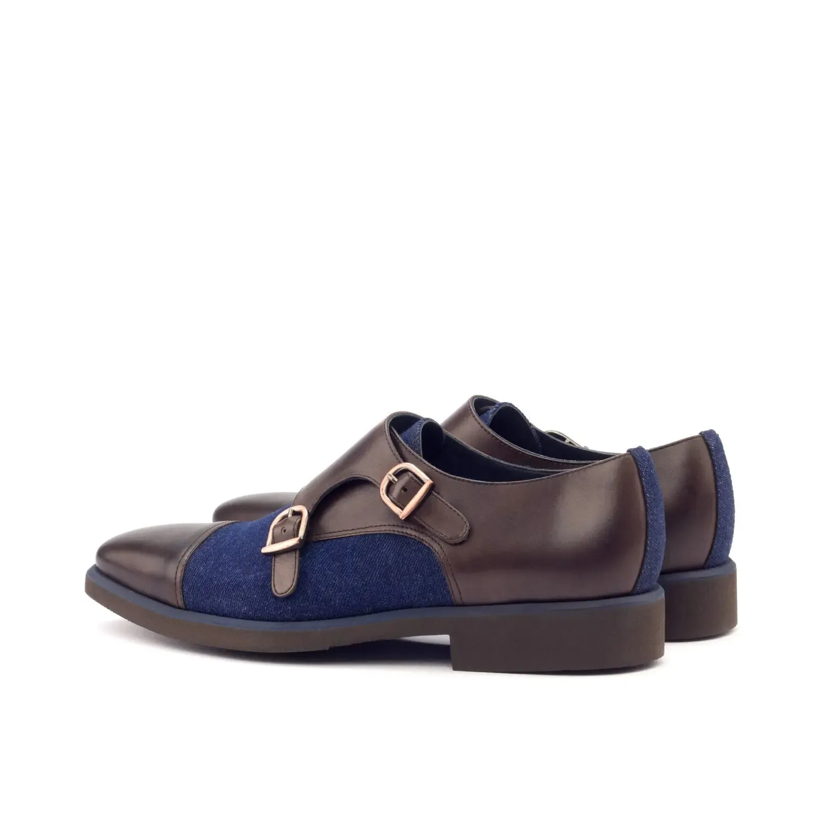 DapperFam Monaco in Dark Brown / Jeans Men's Sartorial & Italian Leather Double Monk