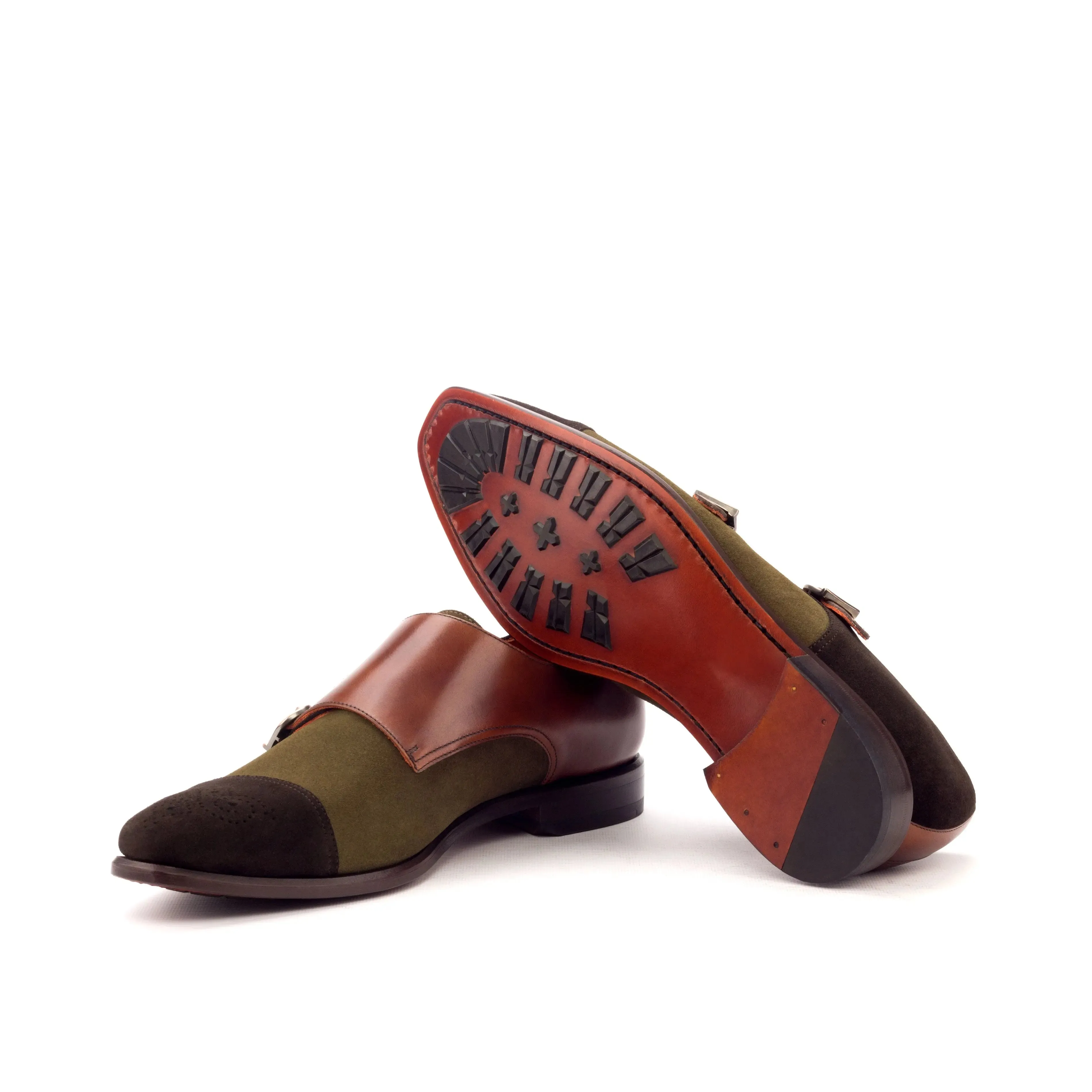 DapperFam Monaco in Dark Brown / Khaki / Med Brown Men's Lux Suede & Italian Leather Double Monk