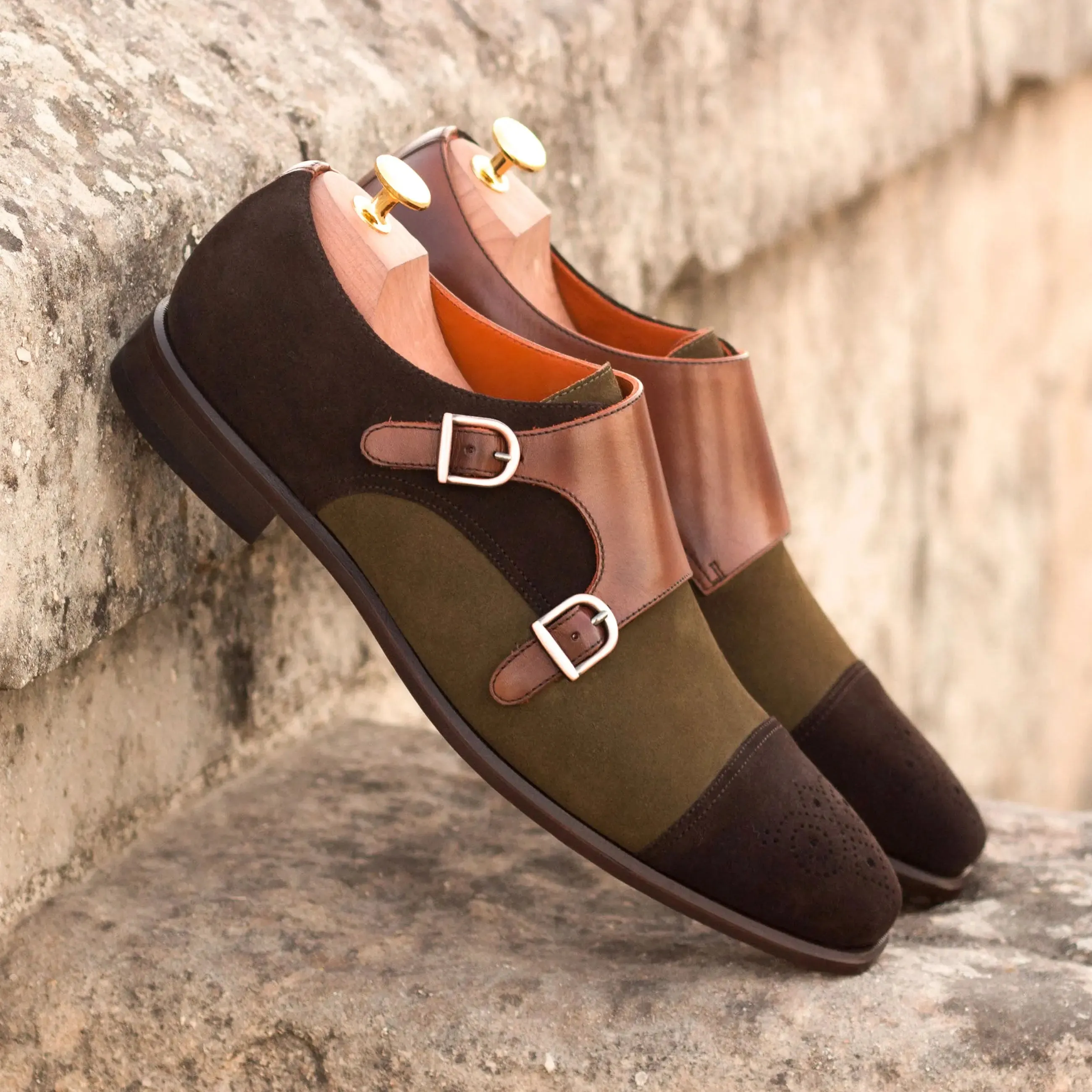 DapperFam Monaco in Dark Brown / Khaki / Med Brown Men's Lux Suede & Italian Leather Double Monk
