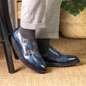 DapperFam Monaco in Denim Men's Hand-Painted Patina Double Monk