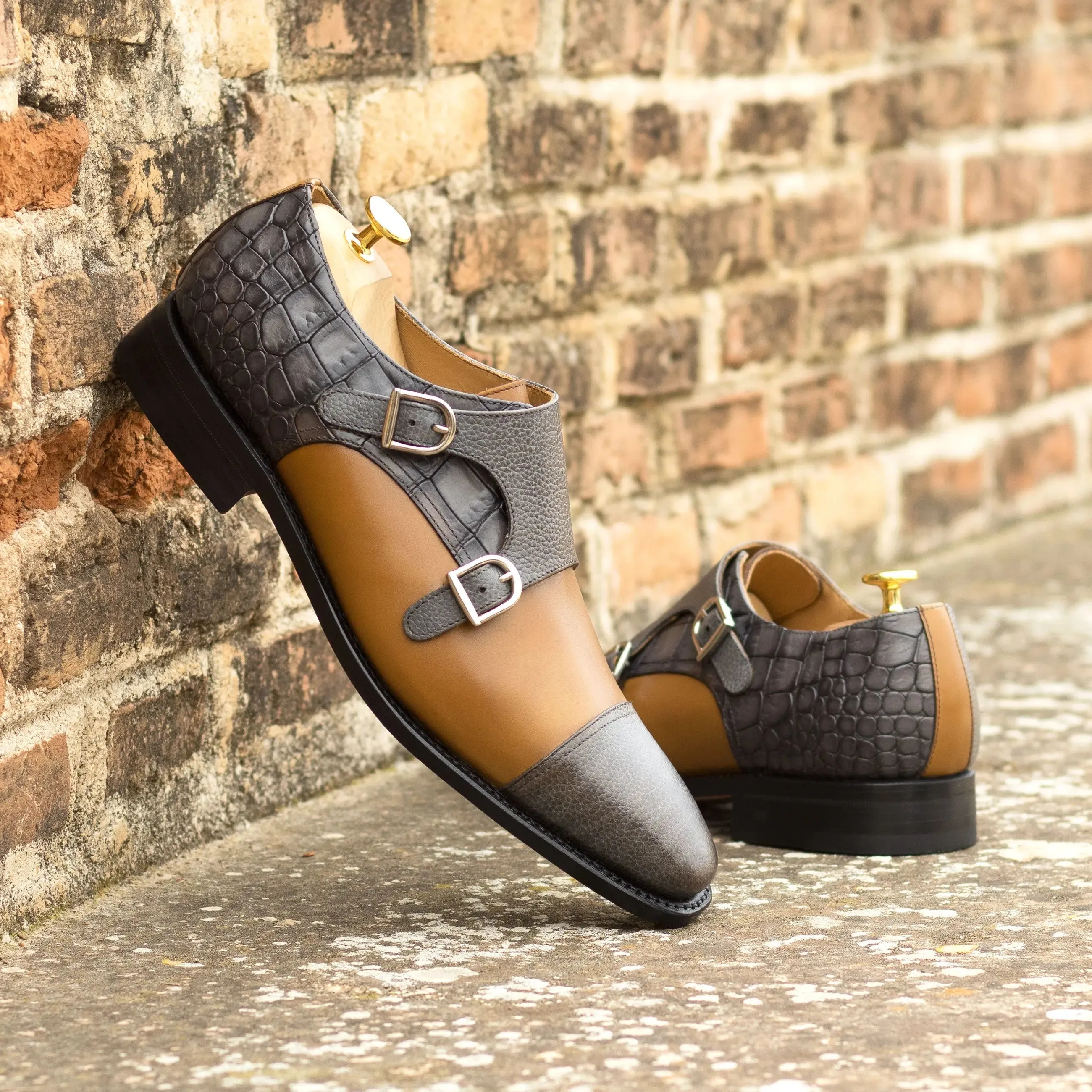 DapperFam Monaco in Grey / Cognac Men's Italian Full Grain & Embossed Leather Double Monk
