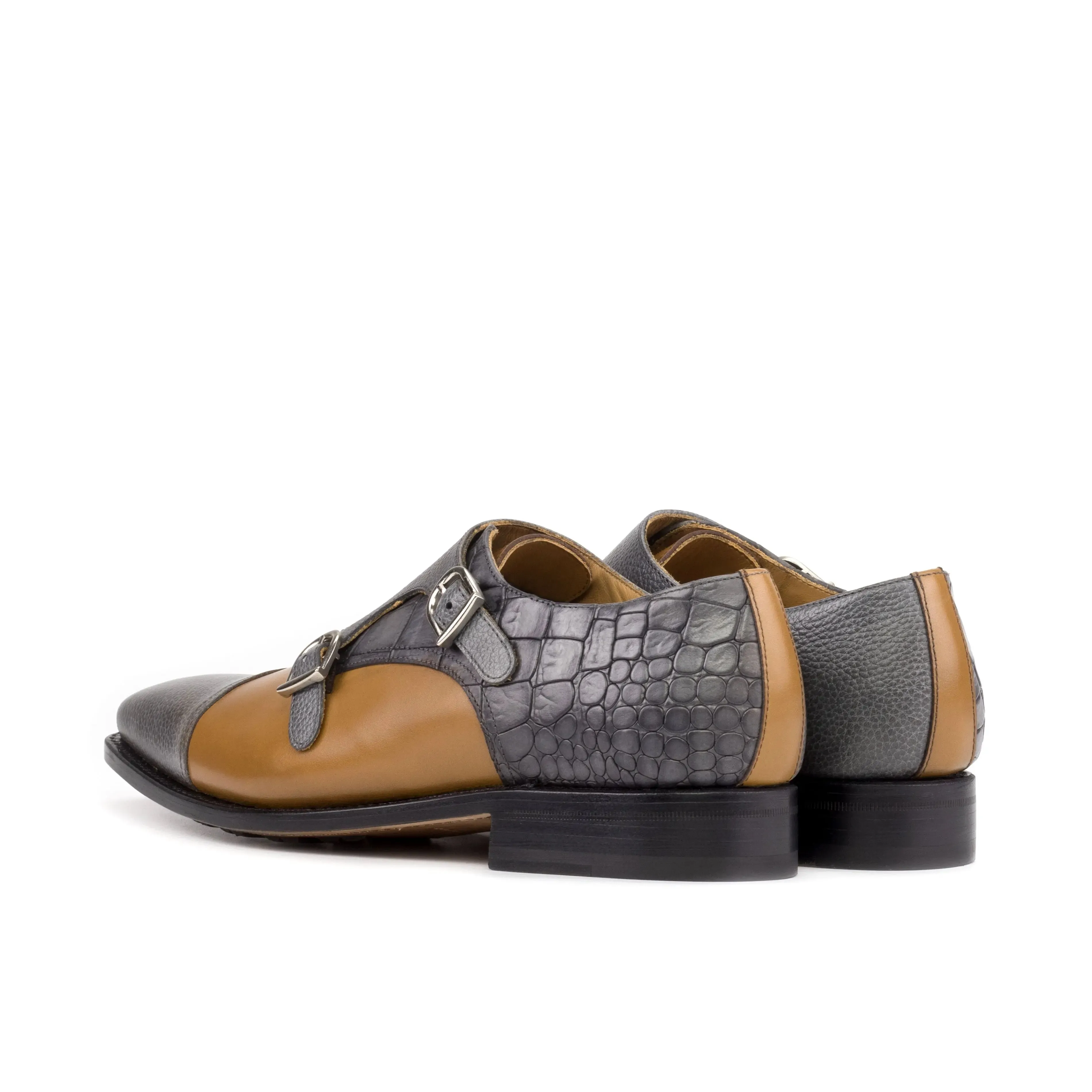 DapperFam Monaco in Grey / Cognac Men's Italian Full Grain & Embossed Leather Double Monk