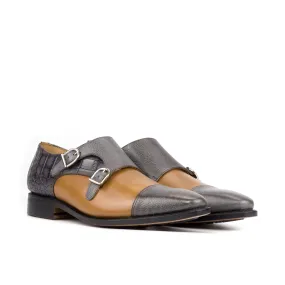 DapperFam Monaco in Grey / Cognac Men's Italian Full Grain & Embossed Leather Double Monk