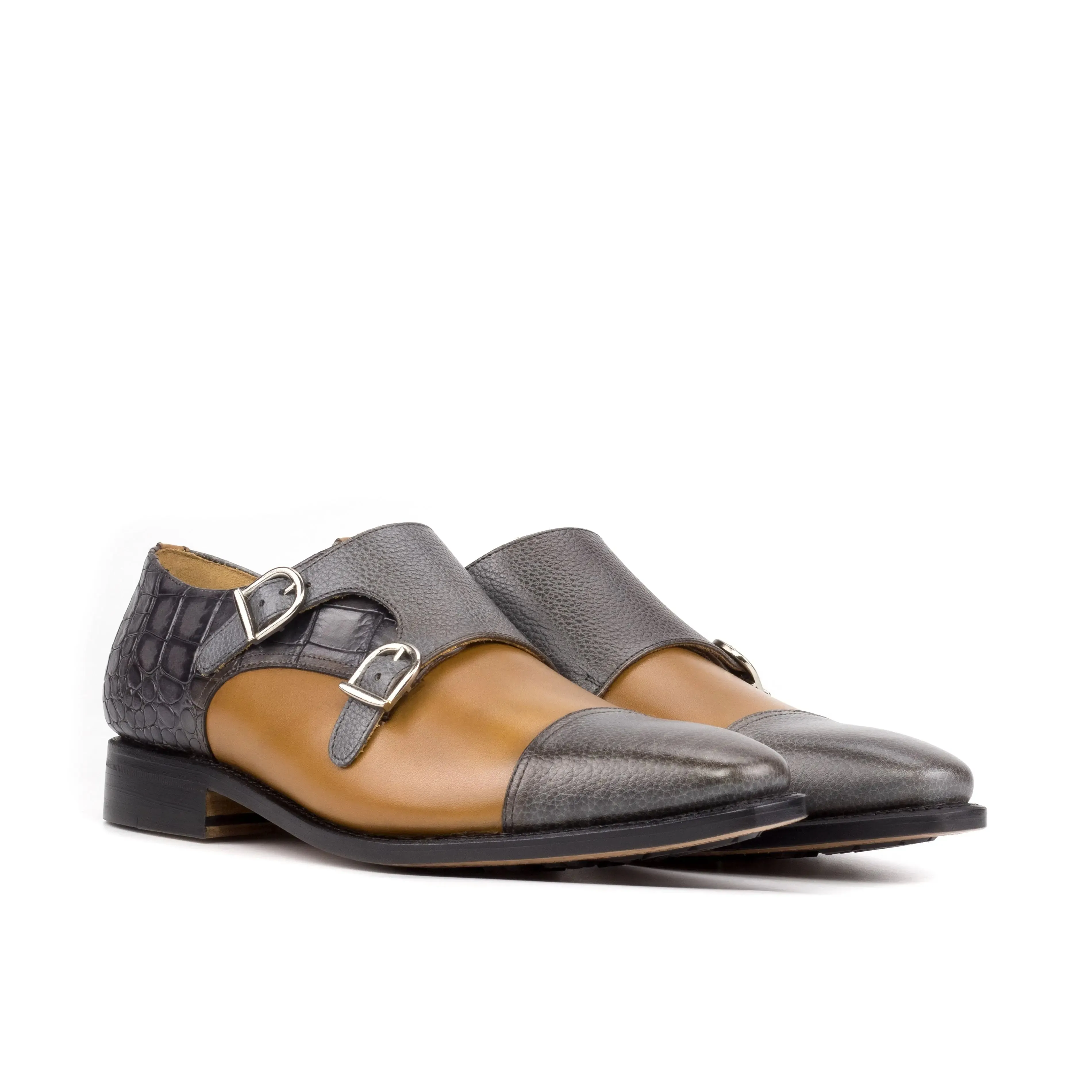 DapperFam Monaco in Grey / Cognac Men's Italian Full Grain & Embossed Leather Double Monk