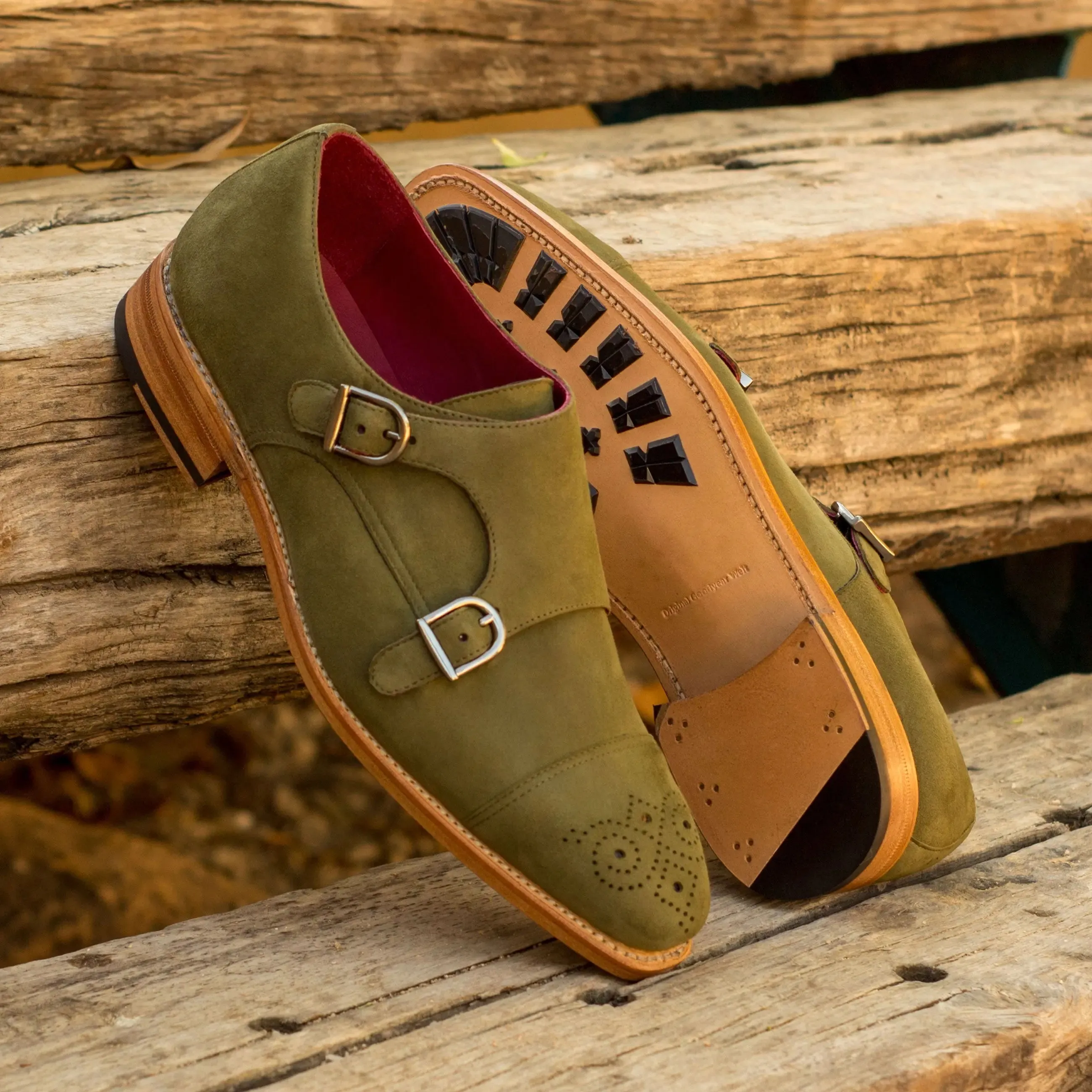 DapperFam Monaco in Khaki Men's Italian Suede Double Monk