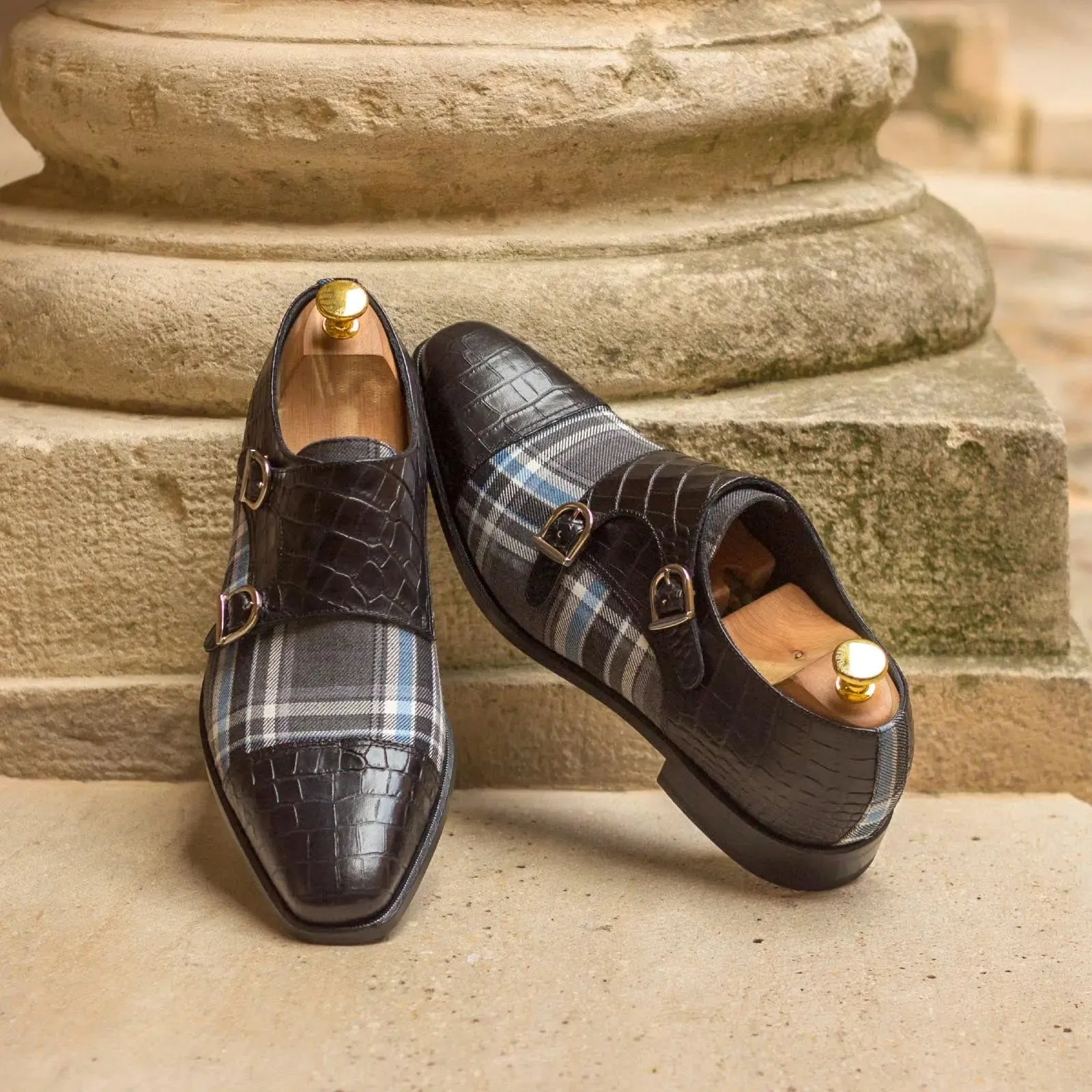 DapperFam Monaco in Plaid / Black Men's Sartorial & Italian Croco Embossed Leather Double Monk