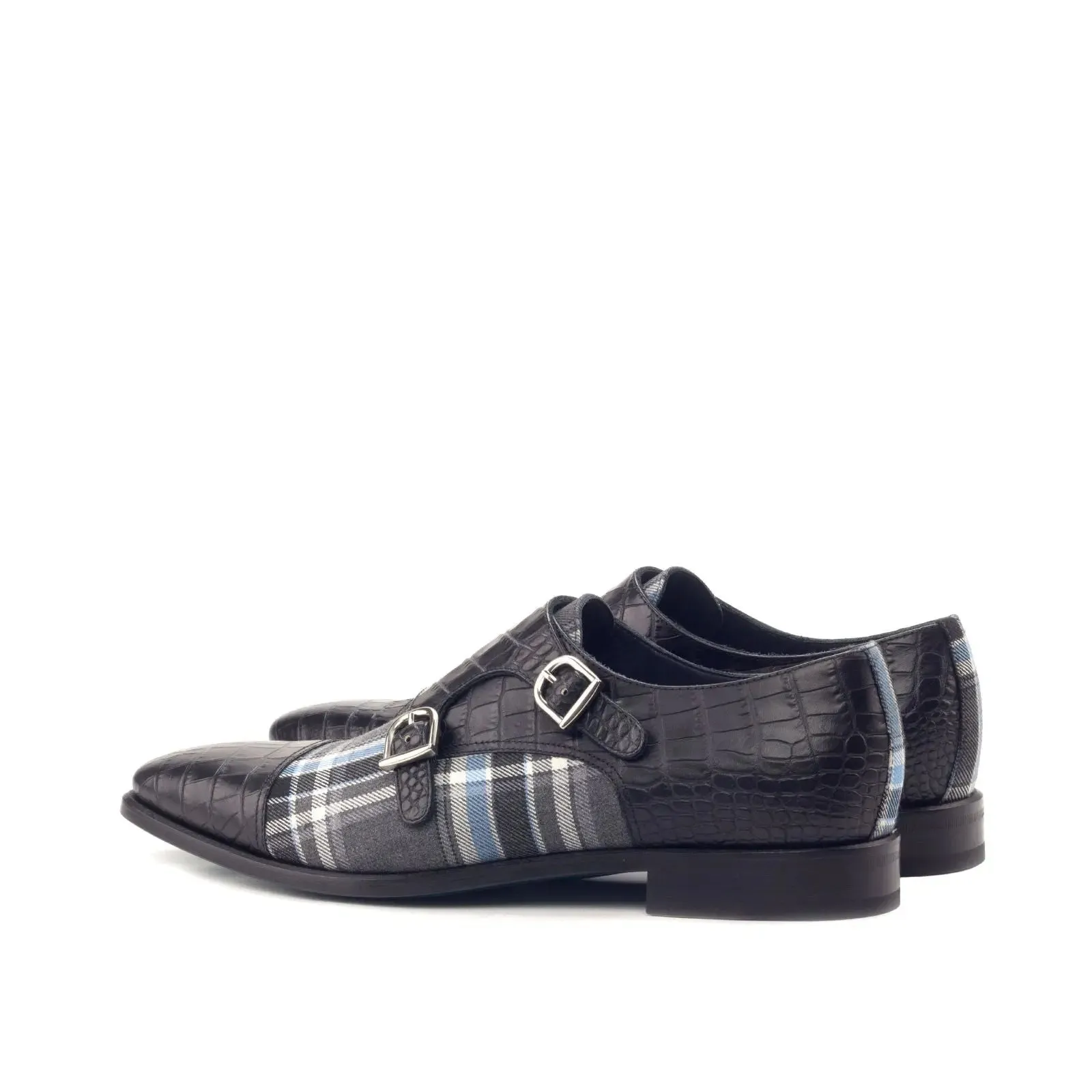 DapperFam Monaco in Plaid / Black Men's Sartorial & Italian Croco Embossed Leather Double Monk